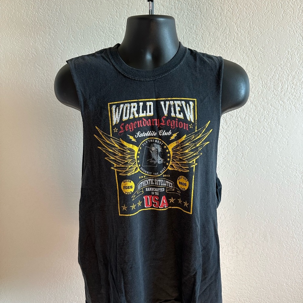 World View Graphic Black Muscle Tank with Yellow Print